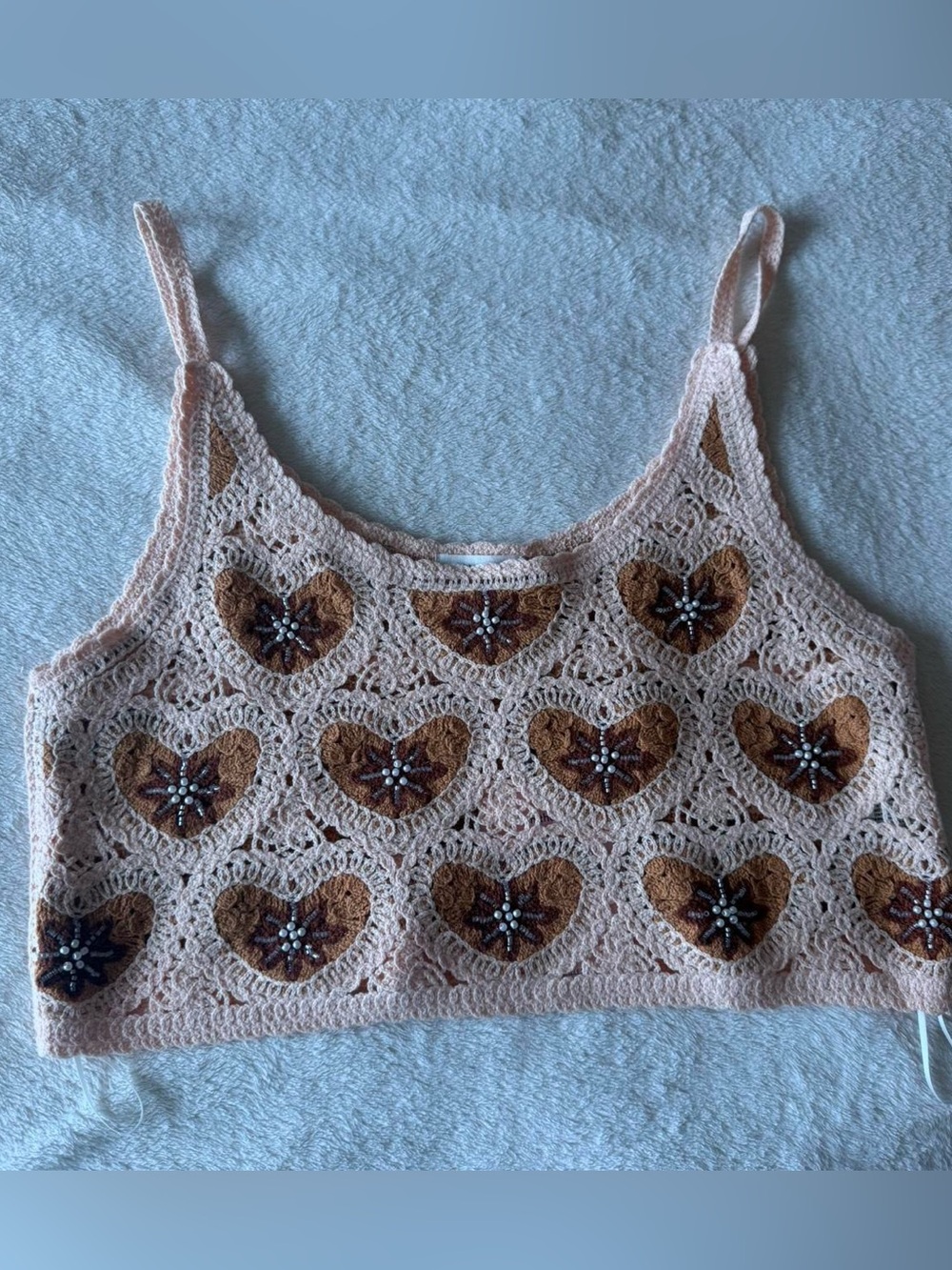 Avec Les Filles Pink Crochet Camisole with Brown Heart Motifs